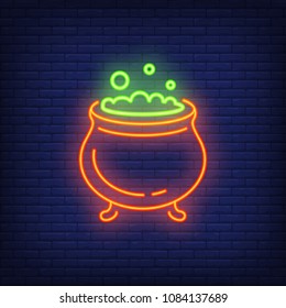 Witch pot neon sign. Red cauldron with boiling green potion. Night bright advertisement. Vector illustration in neon style for ritual and witchcraft