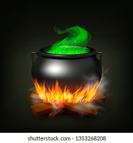 Witch pot on fire wood with green potion and steam on black background realistic vector illustration