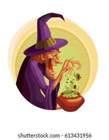 Witch with a pot on a white background with ornament. Preparation of the witch poison from mushrooms and insects. Halloween theme with character in cartoon style.