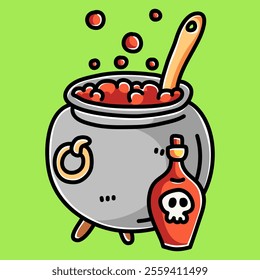 Witch Pot Potion Vector Cartoon Illustration. Scary Object Icon Concept Isolated Premium Vector. Flat Cartoon Concept for Halloween. Cute Doodle Cartoon Illustration Style. Suitable for Any Project