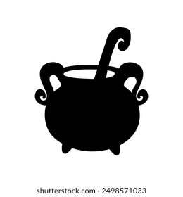 Witch pot in simple style, vector illustration. Silhouette of cauldron for print and design. Isolated black element on a white background. Celebration Halloween