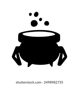 Witch pot in simple style, vector illustration. Silhouette of cauldron for print and design. Isolated black element on a white background. Celebration Halloween