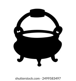 Witch pot in simple style, vector illustration. Silhouette of cauldron for print and design. Isolated black element on a white background. Celebration Halloween