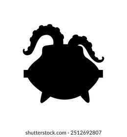 Witch pot in simple style, vector illustration. Silhouette of cauldron for print and design. Isolated black element on white background. Celebration Halloween