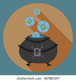 Witch pot with skull balls. Vector illustration for halloween party card