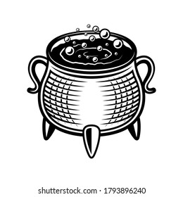 Witch pot vector illustration in monochrome vintage style isolated on white background