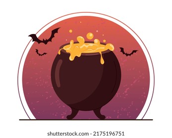 Witch potion barrel. Sorceress brews special magical drink. Poster or banner for Halloween holiday or event. Bats and cauldron, scary, horror and nightmare meta phor. Cartoon flat vector illustration