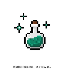 Witch potion in bottle Chemical glass ball with green liquid isolated on white background. Magic potion pixel icon. Green potion with heal effect