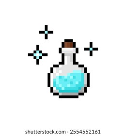 Witch potion in bottle Chemical glass ball with light blue liquid isolated on white background. Magic potion pixel icon. Light blue potion with frozen effect