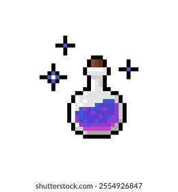 Witch potion in bottle Chemical glass ball with sleeping liquid isolated on white background. Magic potion pixel icon. sleeping potion with dream effect