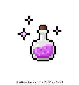 Witch potion in bottle Chemical glass ball with pink liquid isolated on white background. Magic potion pixel icon. Green potion with love effect