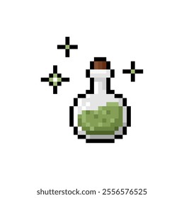 Witch potion in bottle Chemical glass ball with olive green liquid isolated on white background. Magic potion pixel icon. Olive green potion with poison effect