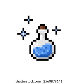 Witch potion in bottle Chemical glass ball with dark blue liquid isolated on white background. Magic potion pixel icon. Dark blue potion with wisdom effect