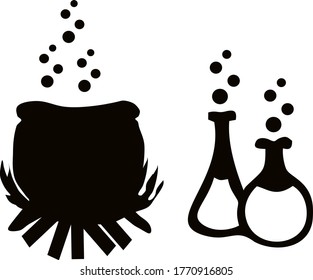 Witch potion cauldron. Potion bottle Vector illustration. 