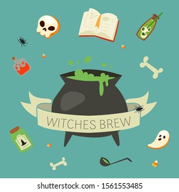 Witch potion cauldron halloween elements of black magic cartoon vector illustration. Book of spells, skull, hex with green brew or potion cauldron, ghost, bugs and bones. Happy halloween.