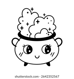 Сute witch potion cauldron isolated black and white doodle. Spooky Halloween object, hand drawn vector illustration in flat style
