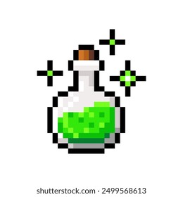 Witch potion in glass bottle isolated on transparent background. Chemistry glass bulb with green liquid. Magic elixir pixel icon. Vector illustration of Halloween elements in 16 bit style.