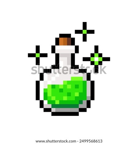 Witch potion in glass bottle isolated on transparent background. Chemistry glass bulb with green liquid. Magic elixir pixel icon. Vector illustration of Halloween elements in 16 bit style.