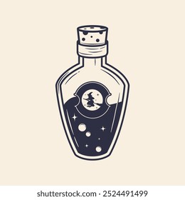 Witch potion. Halloween Bottle. Magic potion, Elixir icon. Vintage doodle style. Vector illustration