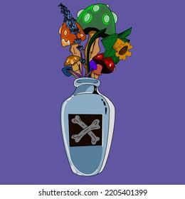 witch potion with herbs mushrooms and flowers halloween illustration