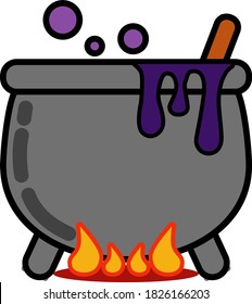Witch Potion Magic Pot. Witch Brew in Black Pot. Vector Halloween Icon