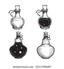 Witch potion sketch set. Poison, drug, decoction in hand drawn style. Magic bottled drinks. Vector illustrations collection.