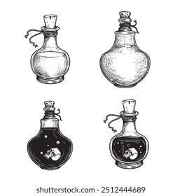 Witch potion sketch set. Poison, drug, decoction in hand drawn style. Magic bottled drinks. Vector illustrations collection.