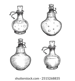 Witch potion sketch set. Poison, drug, decoction in hand drawn style. Magic bottled drinks. Vector illustrations collection.