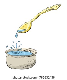 Witch potion and water drop with soup spoon cartoon vector illustration, in sketch hand drawn style