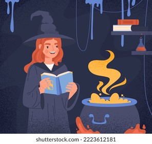 Witch with potion. Young girl with book in her hands in black cloak and hat stands next to cauldron with yellow substance. Character reads ritual recipe, fantasy. Cartoon flat vector illustration