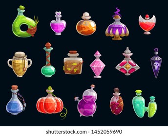 Witch potions, halloween party attributes, magic. Vector elixir of love and death, magical changes, bottles and flasks of color liquids. Trick or treat, autumn holiday, evil character accessories