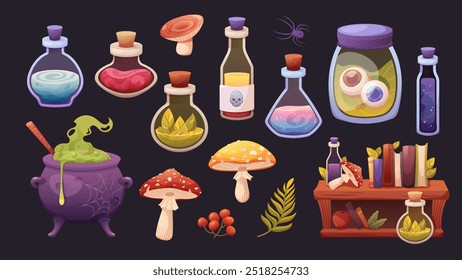 Witch Potions Set. Herbs, mushrooms, magic potions, books and boiling cauldron. Vector elements