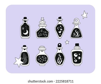 Witch potions vector illustration collection. elixirs of the alchemist, wizard, mage. flasks, vials with liquid. potion icons set