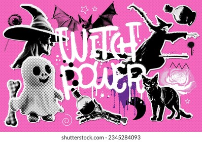 Witch power Halloween halftone collage poster set for mixed media design. Witch, bat, cat, hand holding potion and friendly ghost. Spooky modern cut out elements, graffiti quote. Vector illustration