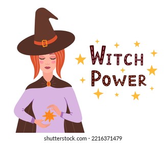 Witch power. Magic woman. Vector Illustration for printing, backgrounds, covers and packaging. Image can be used for greeting cards, posters, stickers and textile. Isolated on white background.