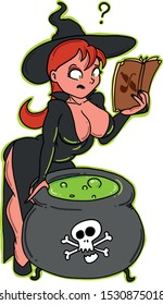 the witch prepares food according to the recipe book