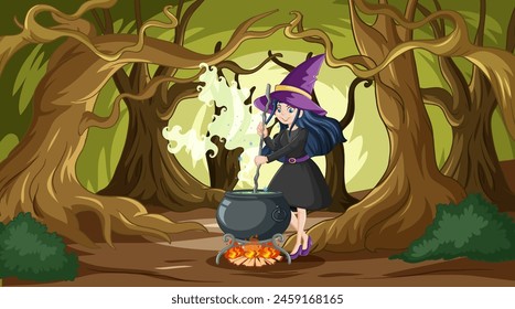 A witch prepares a magical potion outdoors