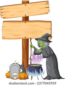 A witch prepares a poisonous potion next to a tombstone and wooden signboard