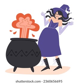 The witch prepares a potion in a cauldron and laughs evilly