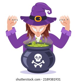 witch prepares a potion in an iron pot. flat vector illustration.