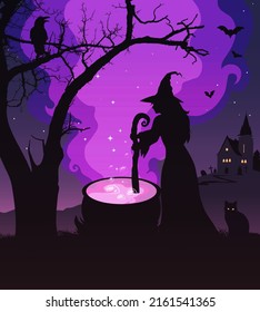 Witch preparing potion in cauldron. Wizard brew magic  poison. Halloween concept. Vector illustration