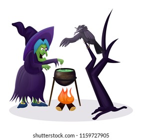 The witch is preparing a potion, on the tree sits a black raven features a wing, cute design, entertainment and a weekend