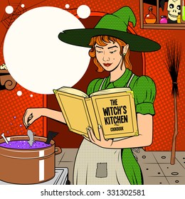 Witch preparing potion pop art retro style colorful vector illustration