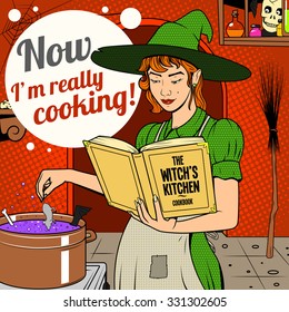 Witch preparing potion pop art retro style colorful vector illustration