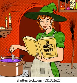 Witch preparing potion pop art retro style colorful vector illustration