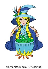 Witch preparing potion in pot, hand drawn colorful vector illustration with cute witch girl