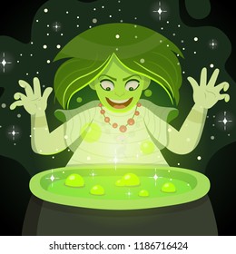  Witch preparing a potion in a pot. Vector illustration in cartoon style.
