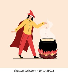 Witch preparing potion vector flat cartoon illustration. Woman in robe and pointed hat cooking poisonous liquid in cauldron at Halloween night. Halloween, night scary party card design.