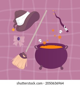 Witch Property Set Purple Black Broom Cauldron Ribbon Hat Magic Wand Fantasy Dark Orange Spooky Halloween Skull Spooky Spell Night October Scary Magical Vector Illustration Simple Mage Scary Evil