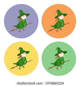 Witch in protective mask flying on broomstick. Icon set. Vector illustration.